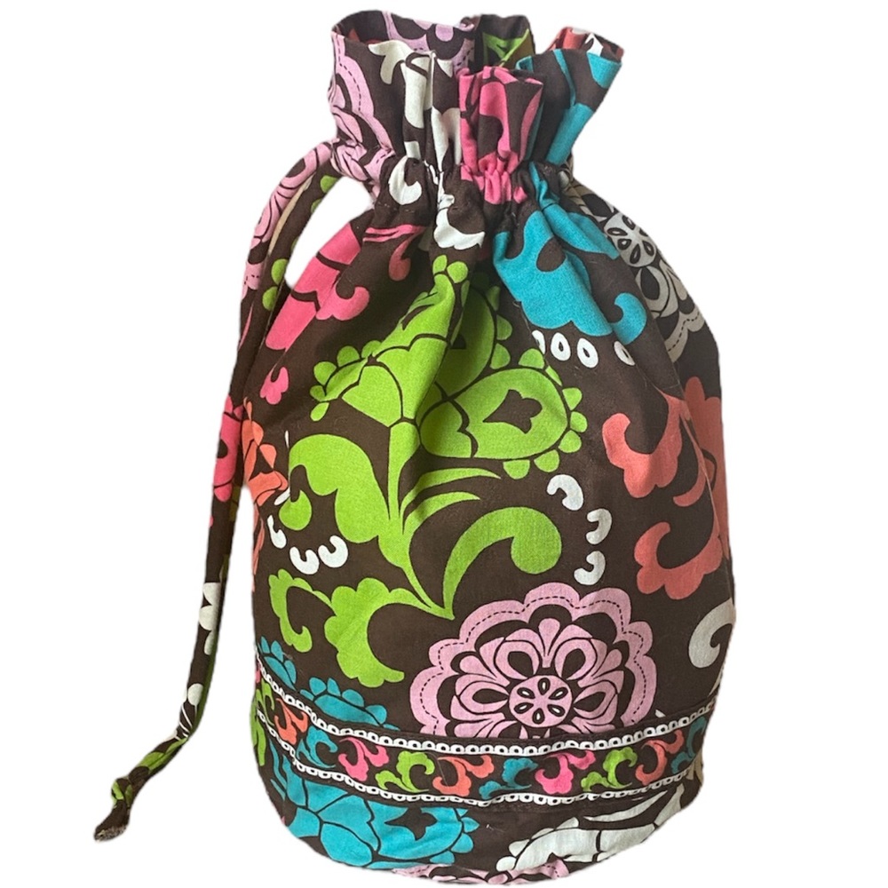 Vera Bradley Drawstring Bucket Bag Floral Waterproof Interior Brown Blue Pink - Picture 6 of 7